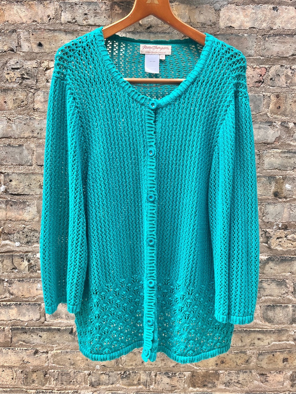 Norm Thompson Crochet 100% Cotton Cardigan Sweater Green Coastal Grandma Size XL